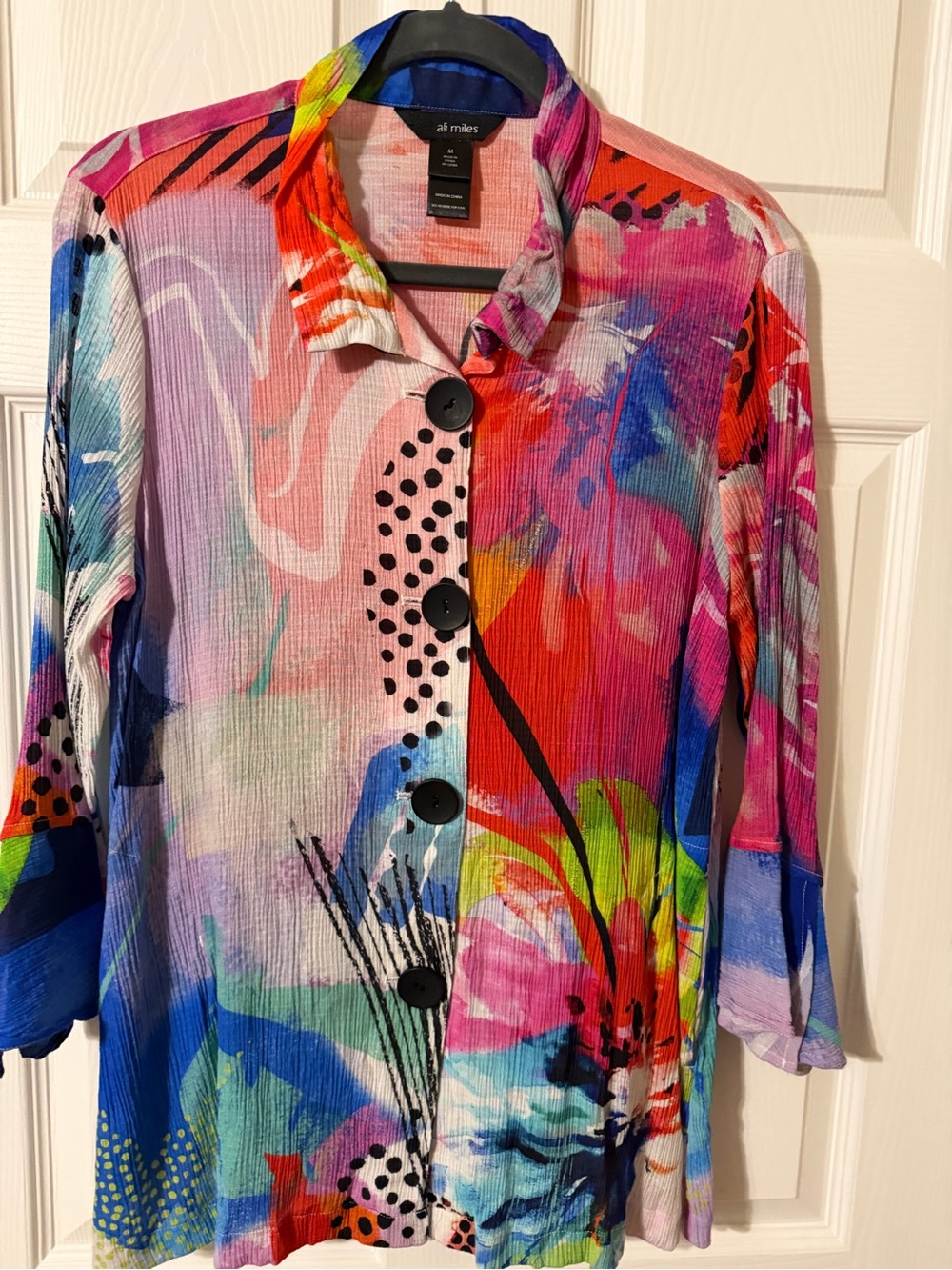 Ali Miles Multicolor Abstract Button-Front Women’s Top - Pink Blue Green Red